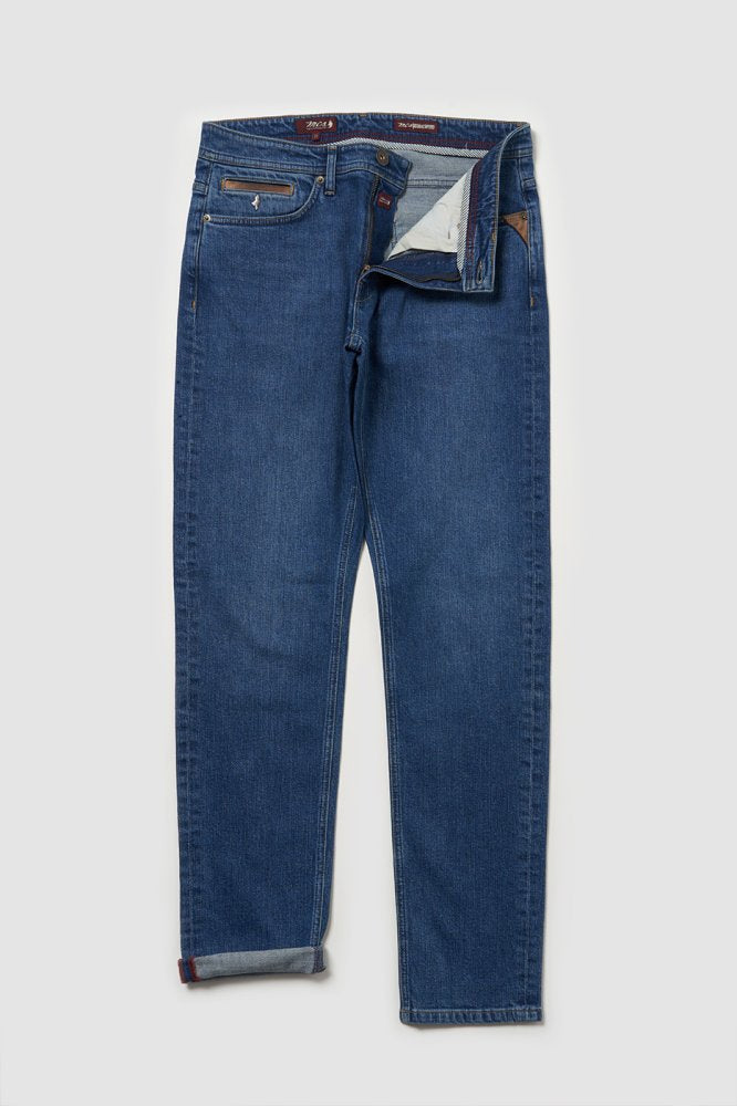 MCS Regular taps toelopende jeans met leren details